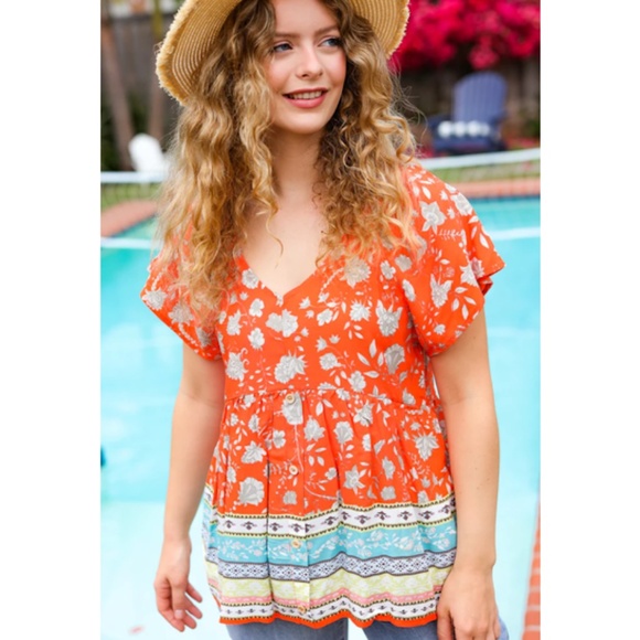 "The Rylie" Coral Floral Boho Border Print Top - Picture 1 of 10